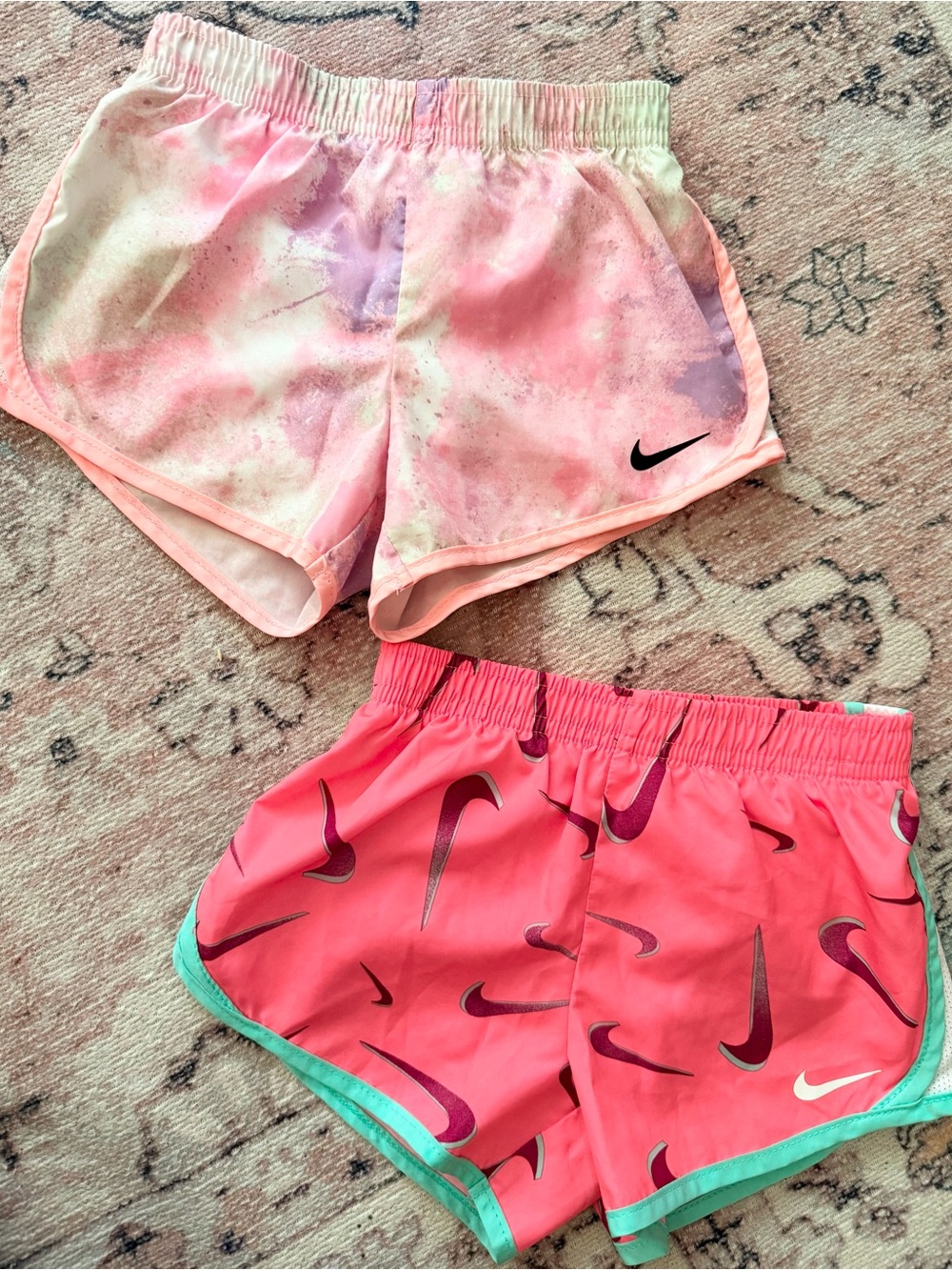 Nike Girls' Pink Tie-Dye & Coral Athletic Shorts Set with Teal Trim